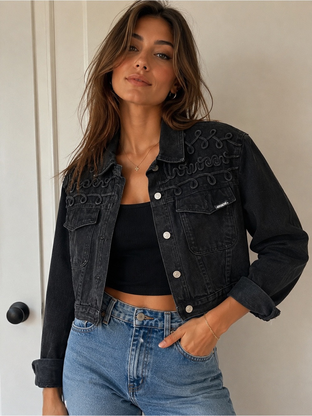 Jordache Vintage Black Embroidered Cropped Denim Jacket
